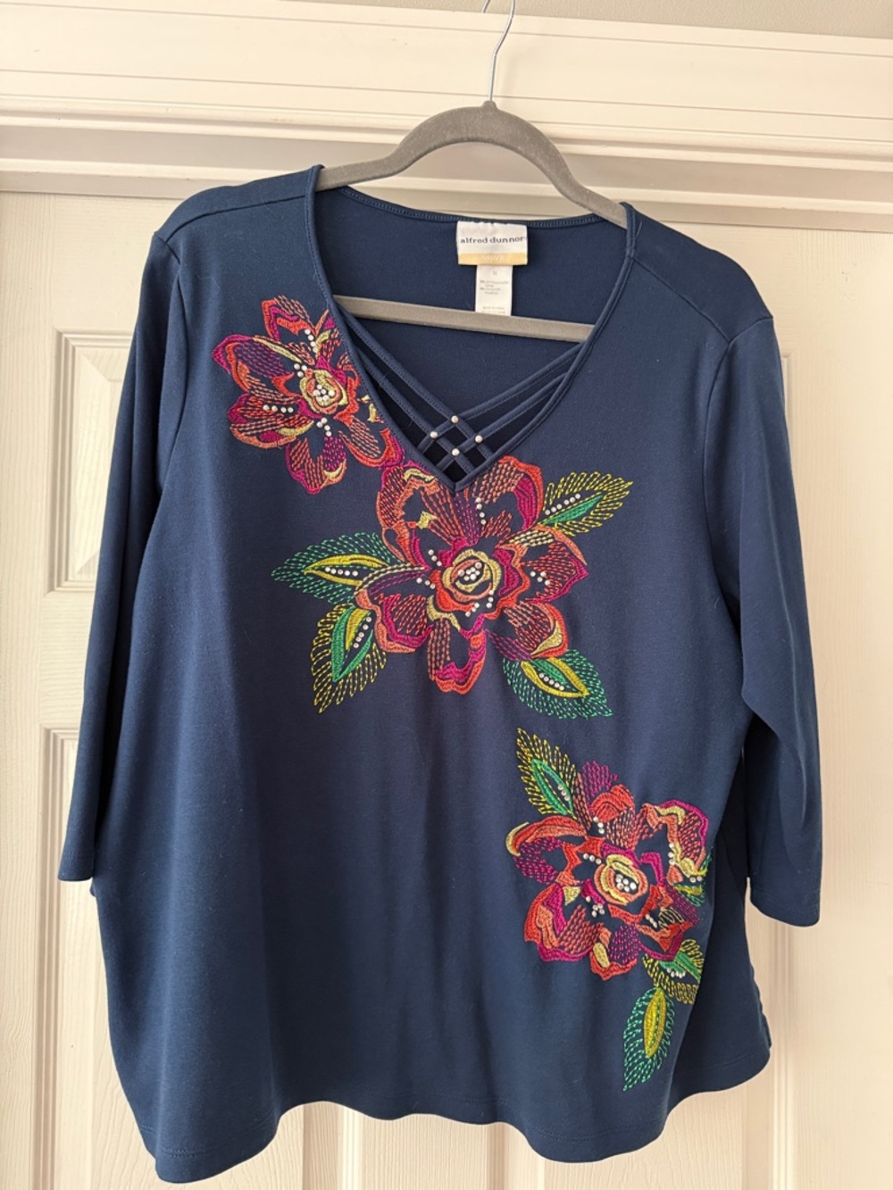 Alfred Dunner Navy Long-Sleeve Top with Pink & Green Floral Embroidery
